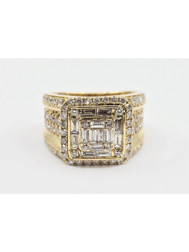 Unique 14k Solid Yellow Gold Baguette  Round Cut Diamond Statement Ring Size 7